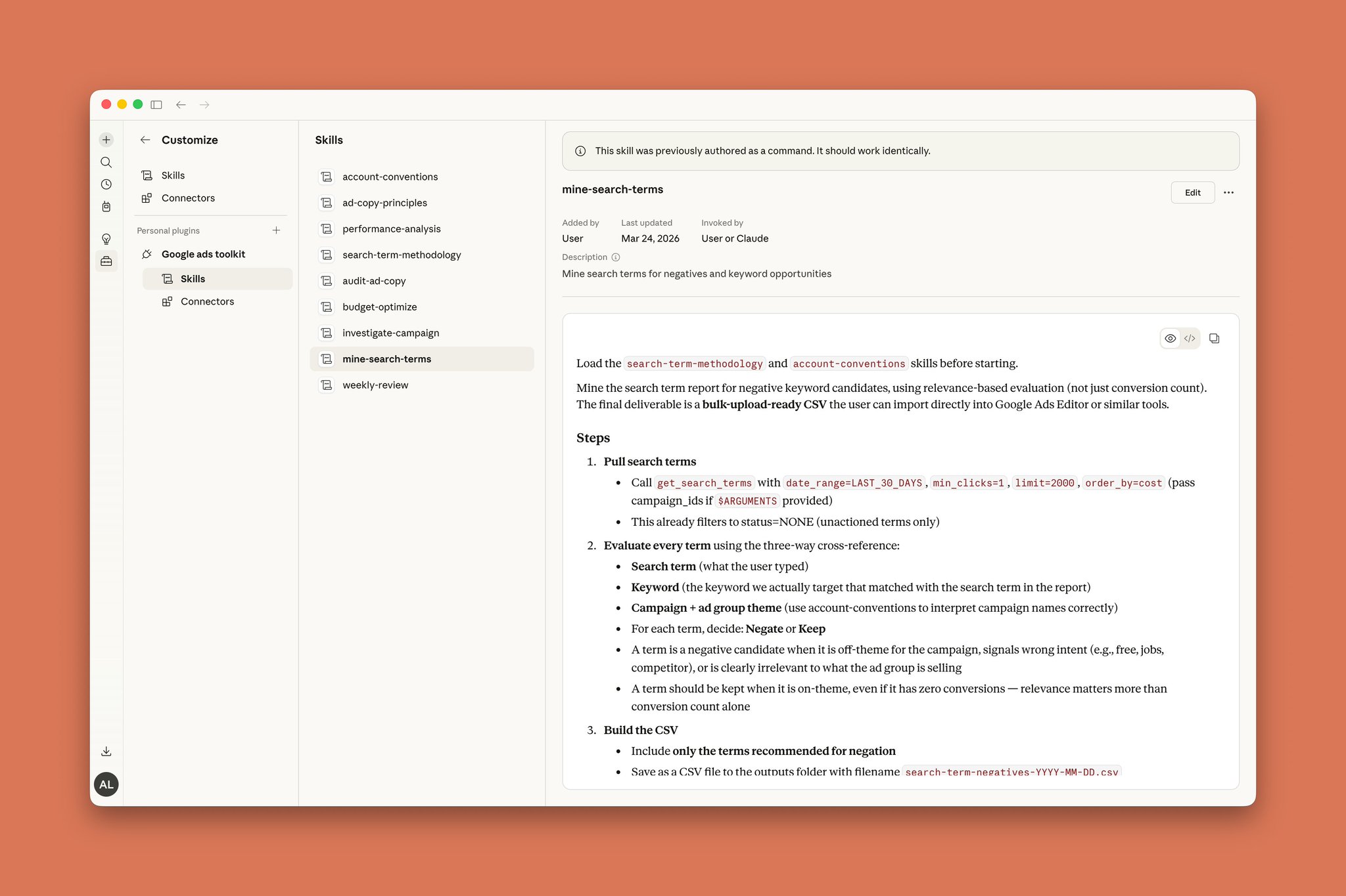 The mine-search-terms skill definition showing steps and instructions