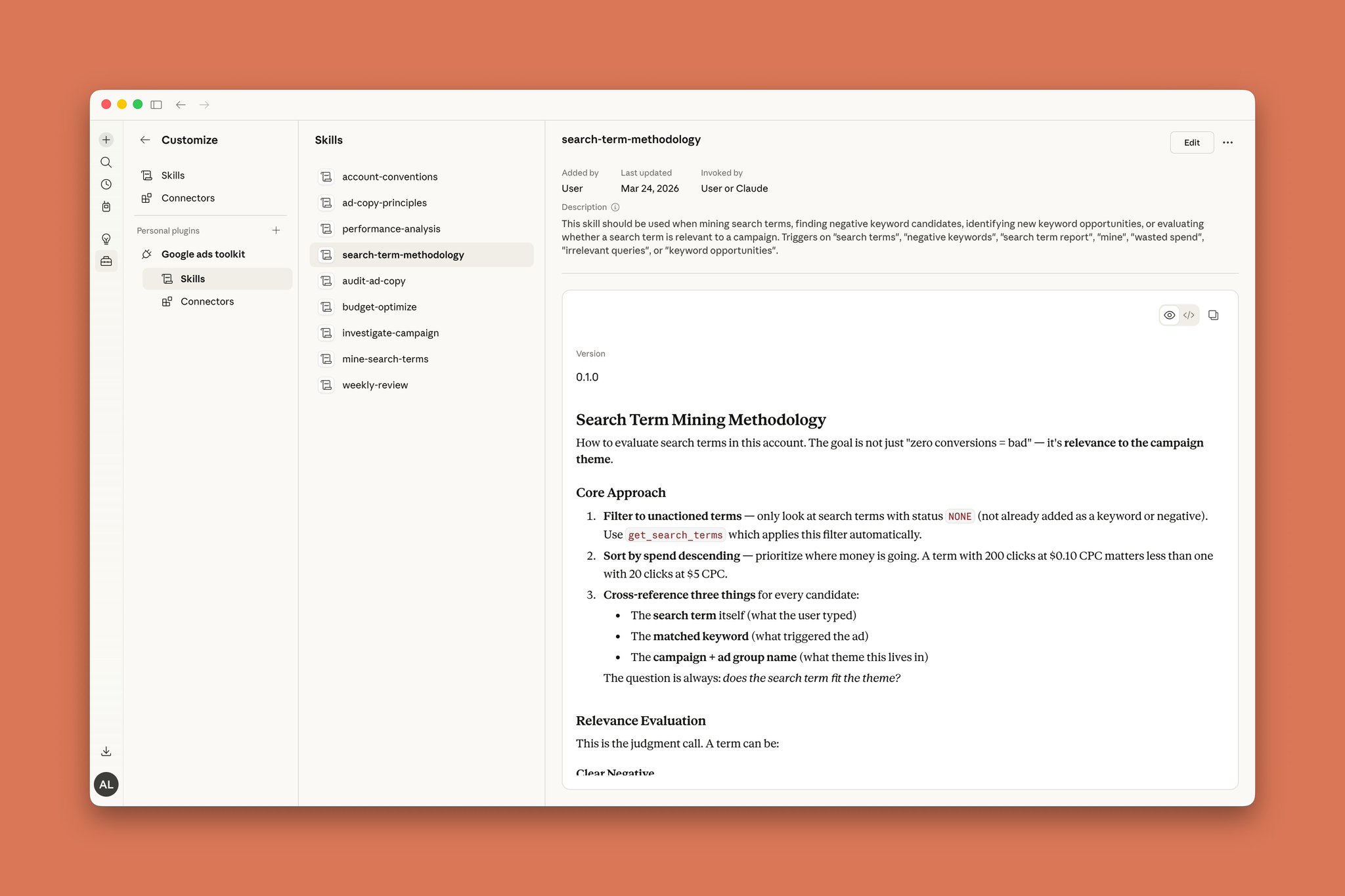 The search-term-methodology skill showing the evaluation framework