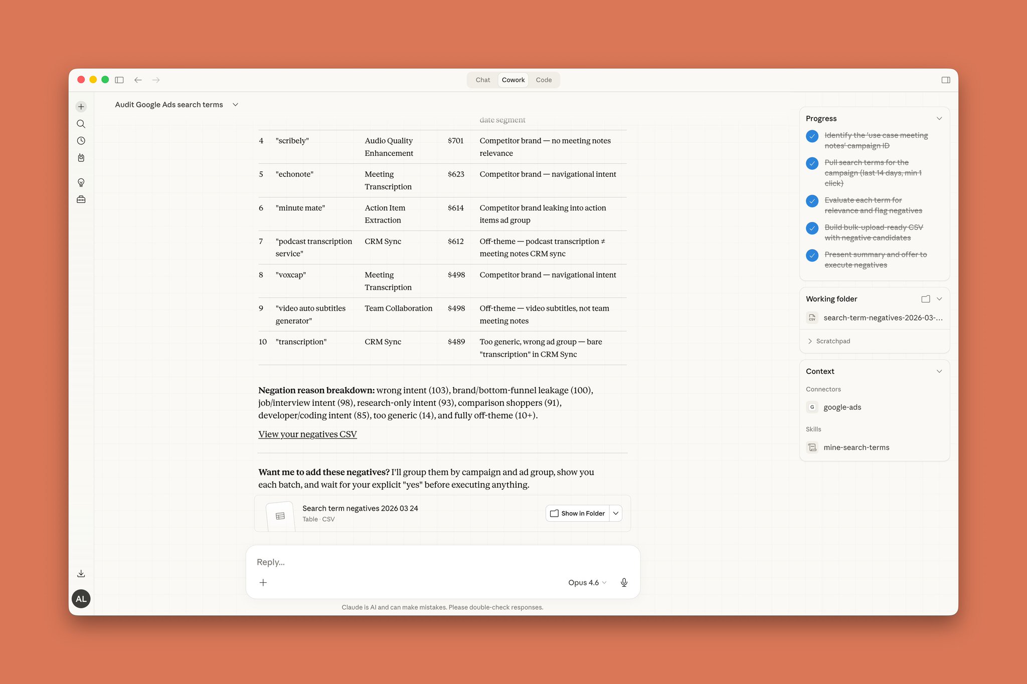 Output summary showing flagged search terms with categories and reasoning