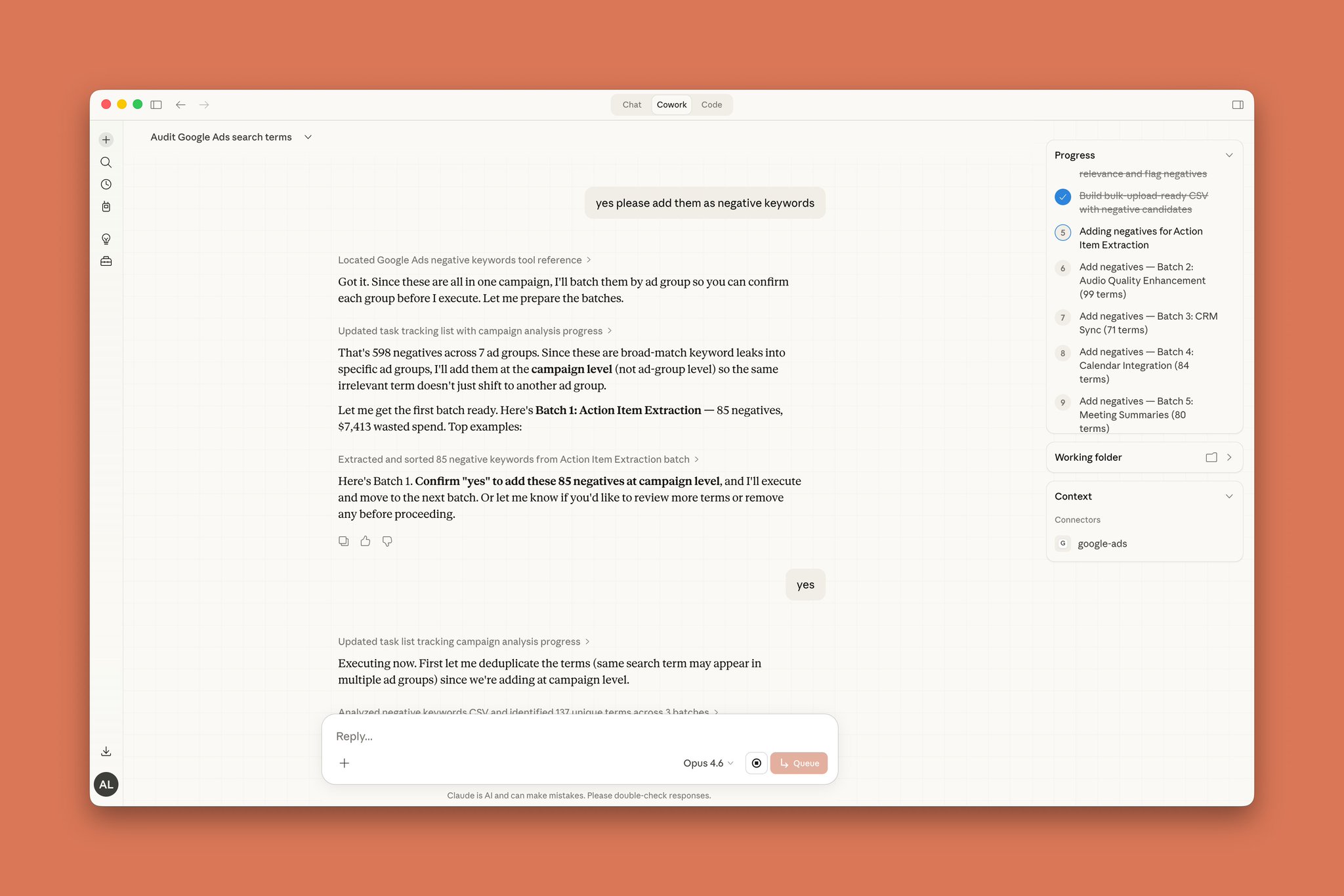 Claude adding negative keywords with batch approval