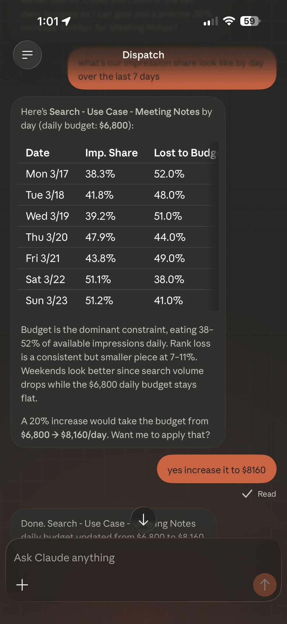 Mobile Dispatch showing impression share analysis and budget recommendation
